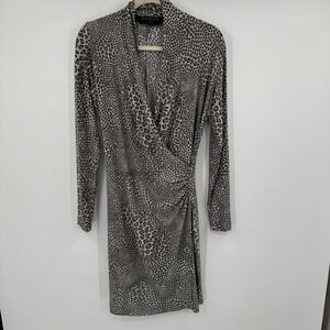 Norma Kamali‎ Leopard Animal Print Faux Wrap Ruched Midi Chic Dress Medium